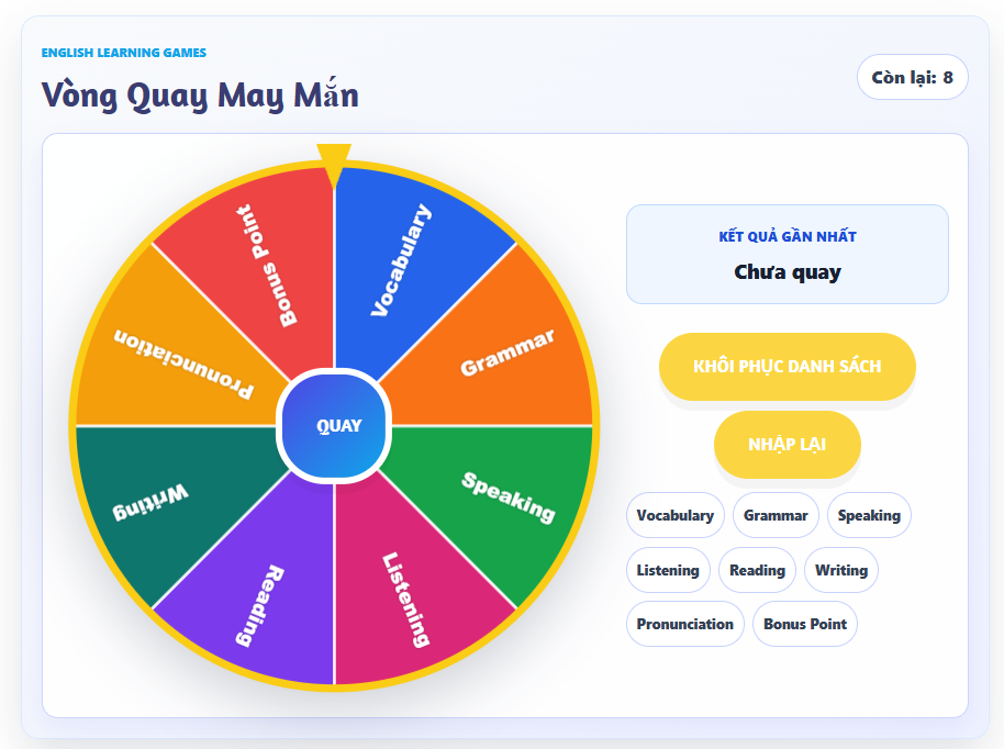 Vòng quay lớp học miễn phí giúp gọi tên học sinh ngẫu nhiên, chọn câu hỏi, chia nhóm vui nhộn. Tự nhập danh sách, quay đẹp mắt, dùng trên điện thoại và máy chiếu.