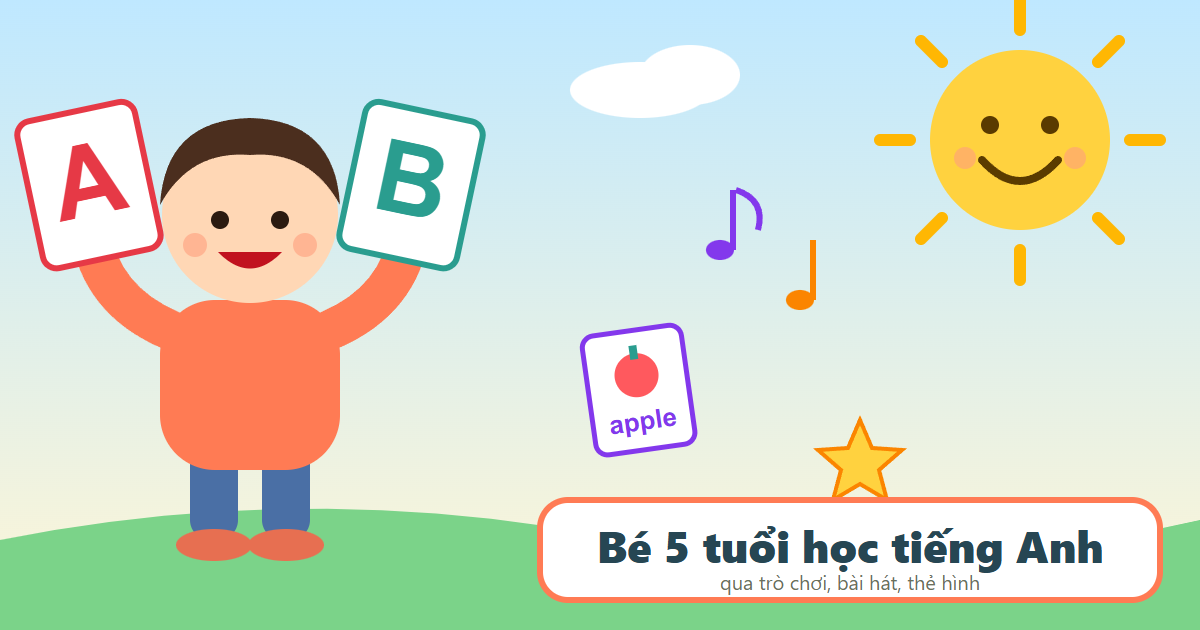 Hình minh họa bé 5 tuổi cầm thẻ chữ cái tiếng Anh dưới mặt trời cười
