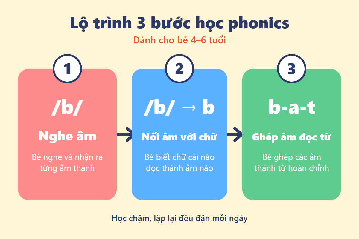 Lộ trình 3 bước học phonics cho bé 4–6 tuổi