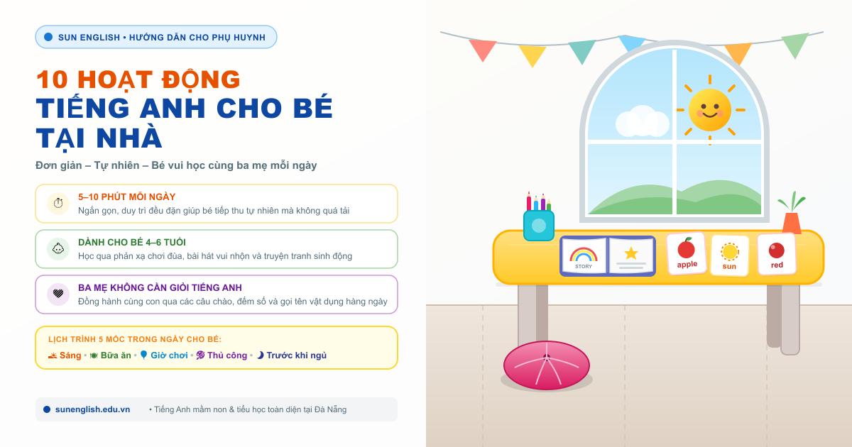 Minh họa góc học tiếng Anh tại nhà cho bé với thẻ từ và sách truyện